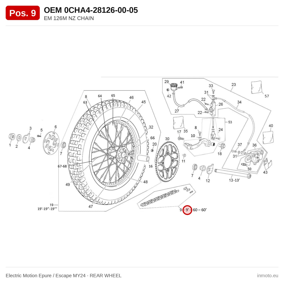 EM 126M NZ CHAIN – Electric Motion Epure / Escape MY24 exploded view, rear wheel, pos. 9