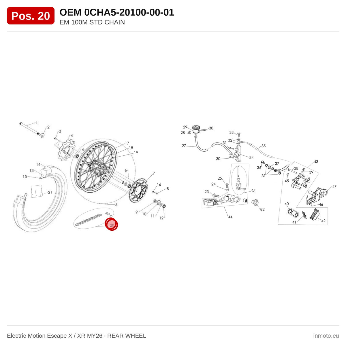 EM 100M STD CHAIN – Electric Motion Escape X / XR MY26 exploded view, rear wheel, pos. 20