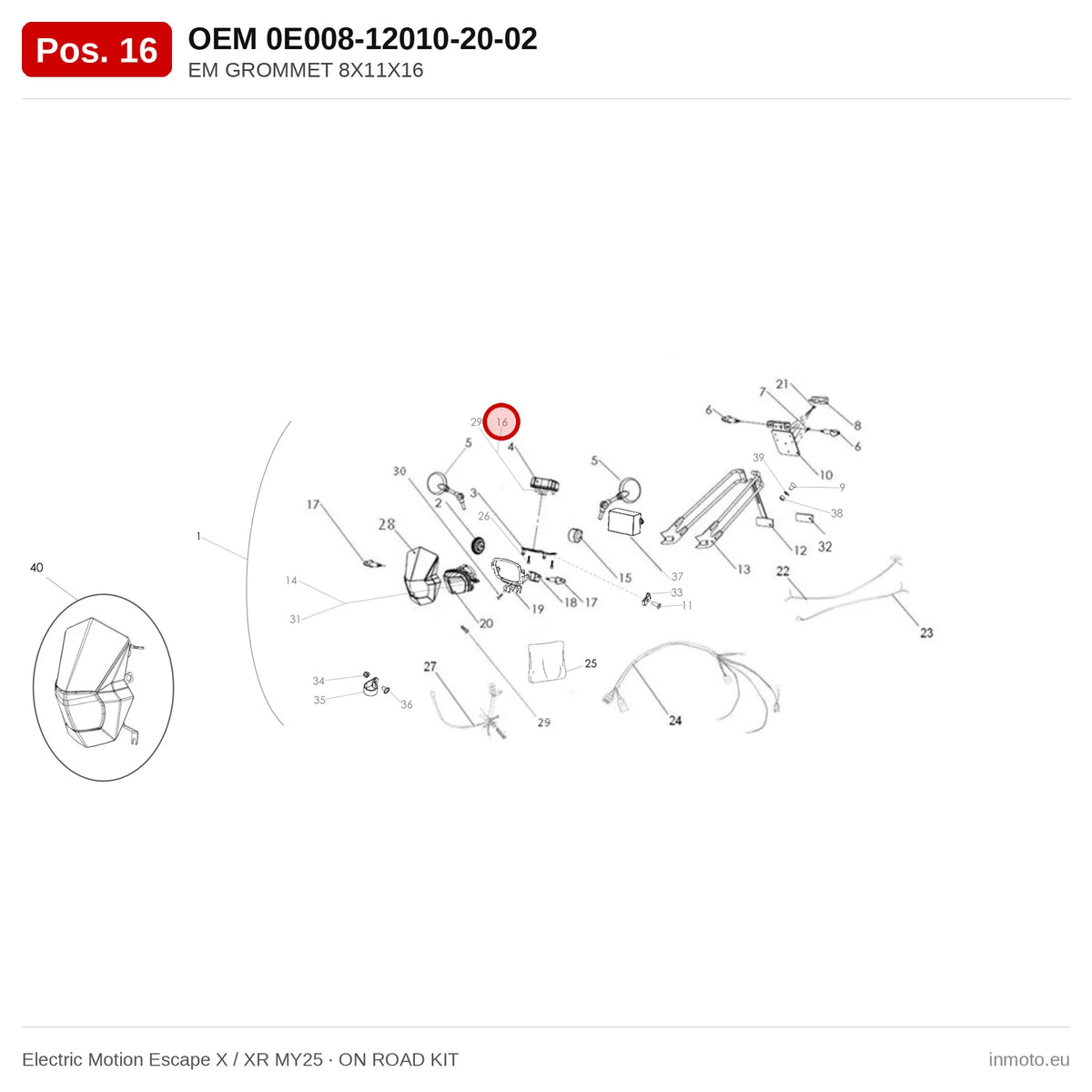 EM GROMMET 8X11X16 – Electric Motion Escape X / XR MY25 exploded view, on road kit, pos. 16