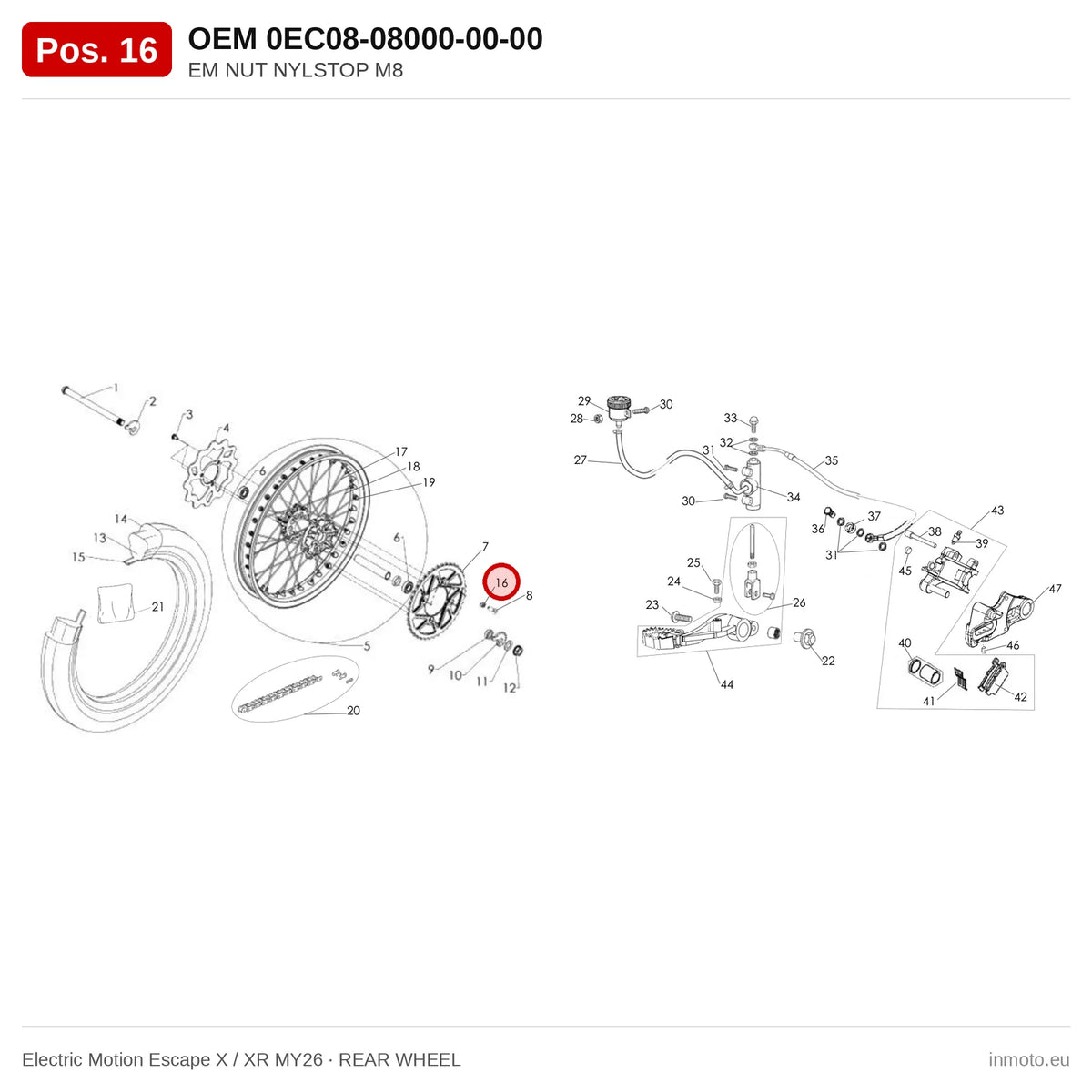 EM NUT NYLSTOP M8 – Electric Motion Escape X / XR MY26 exploded view, rear wheel, pos. 16