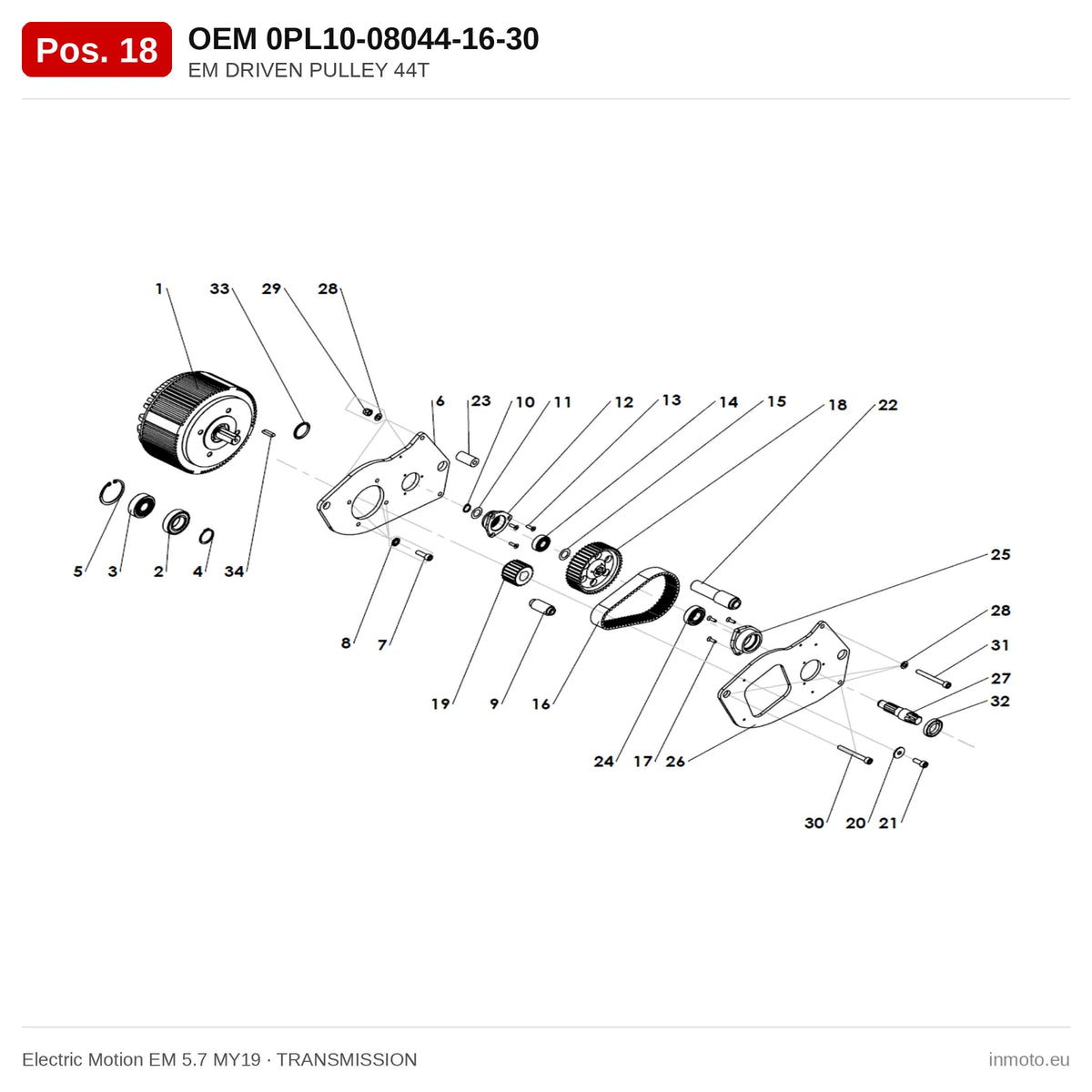 EM DRIVEN PULLEY 44T – Electric Motion EM 5.7 MY19 exploded view, transmission, pos. 18