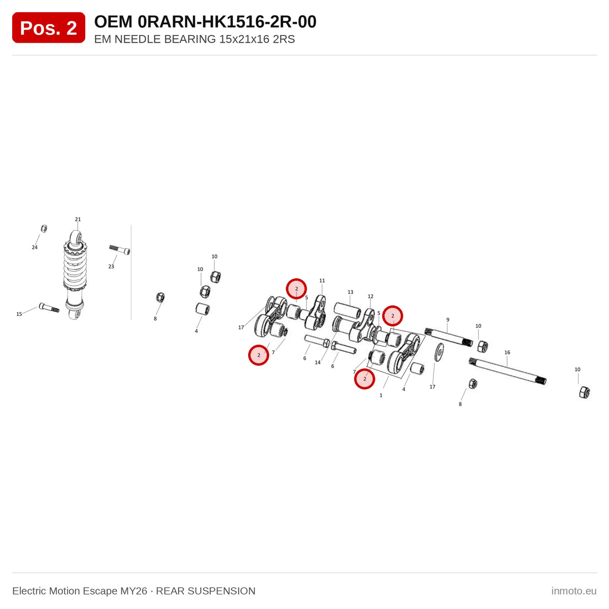EM NEEDLE BEARING 15x21x16 2RS – Electric Motion Escape MY26 exploded view, rear suspension, pos. 2