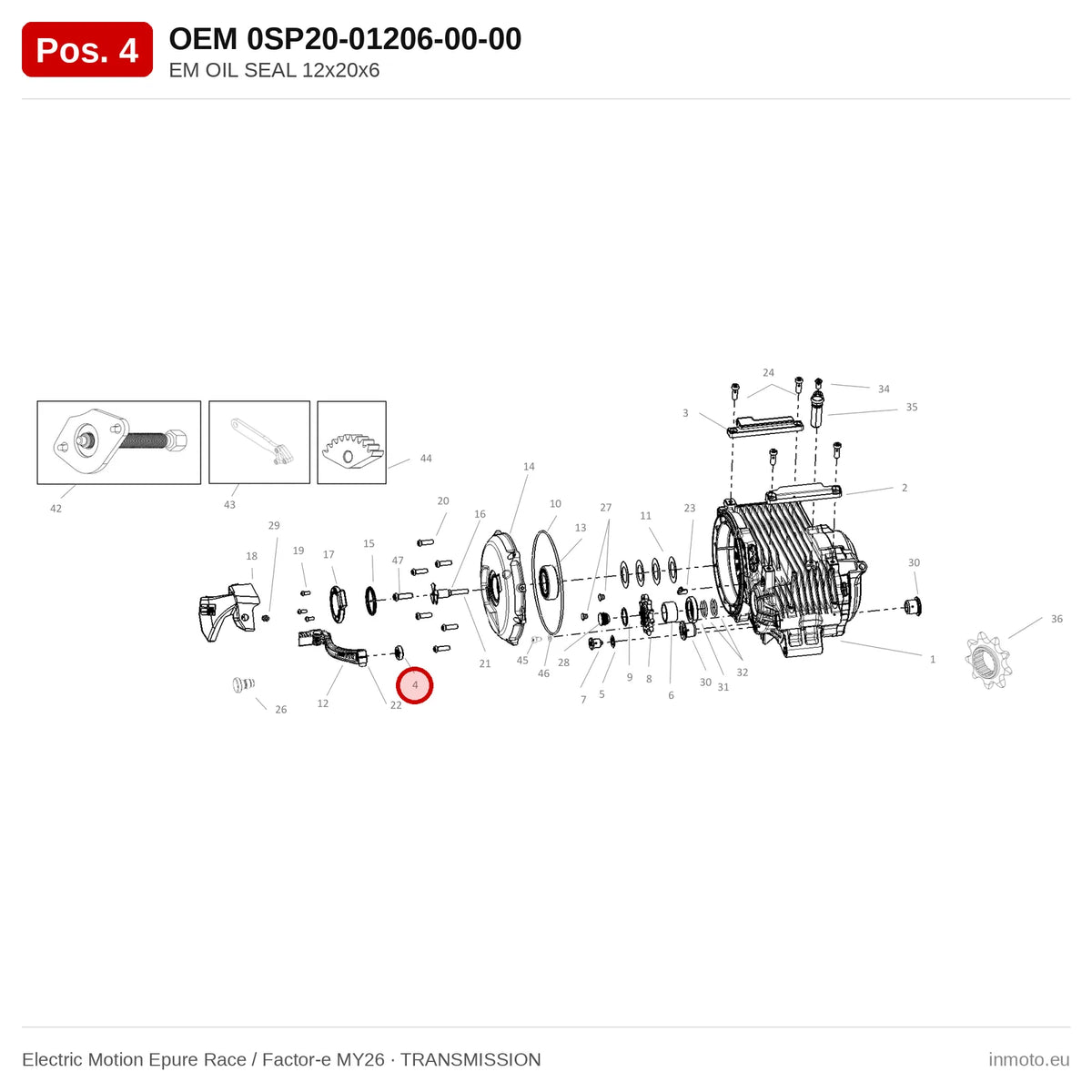 EM OIL SEAL 12x20x6 – Electric Motion Epure Race / Factor-e MY26 exploded view, transmission, pos. 4