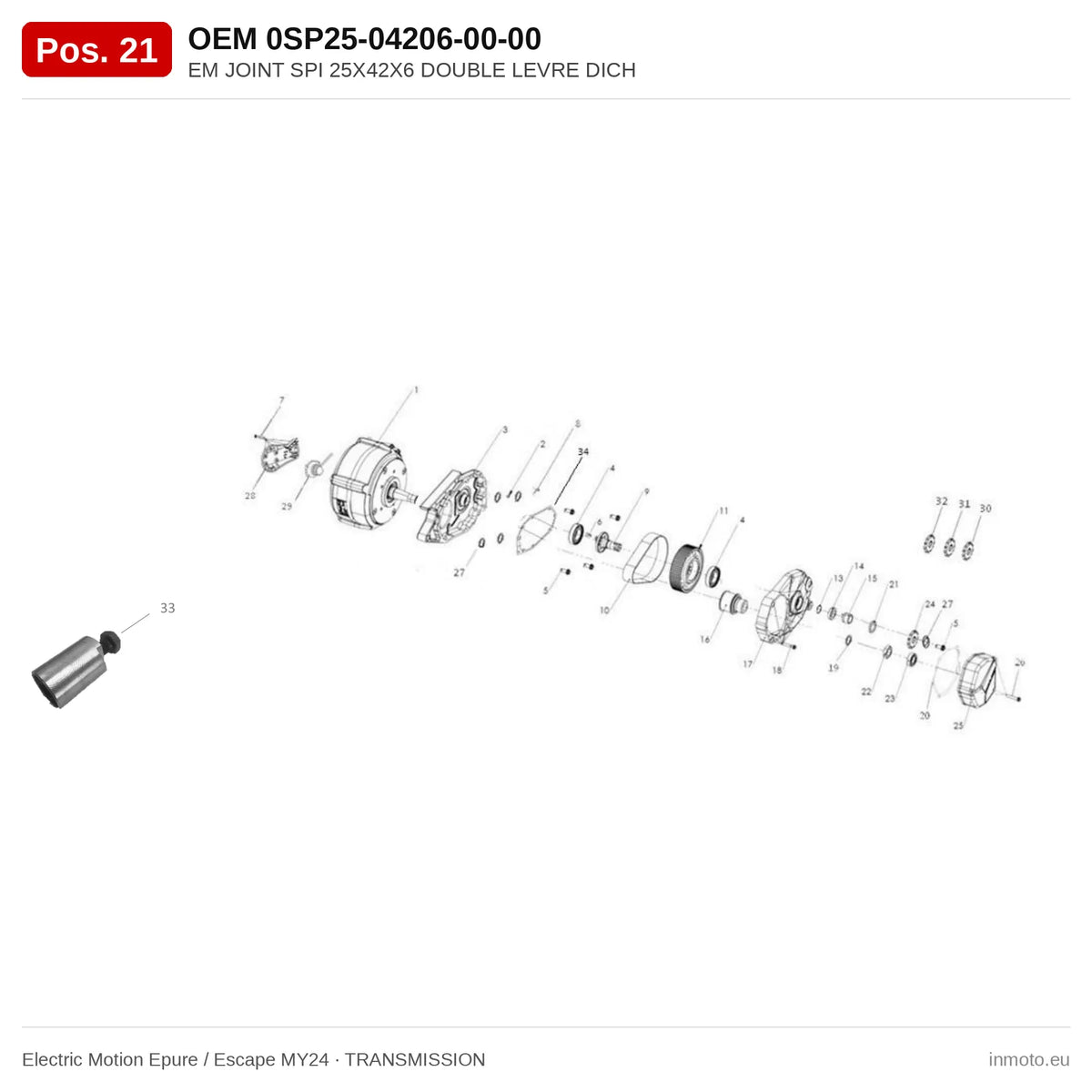 EM JOINT SPI 25X42X6 DOUBLE LEVRE DICH – Electric Motion Epure / Escape MY24 exploded view, transmission, pos. 21