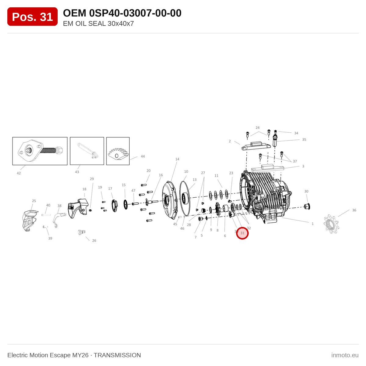 EM OIL SEAL 30x40x7 – Electric Motion Escape MY26 exploded view, transmission, pos. 31