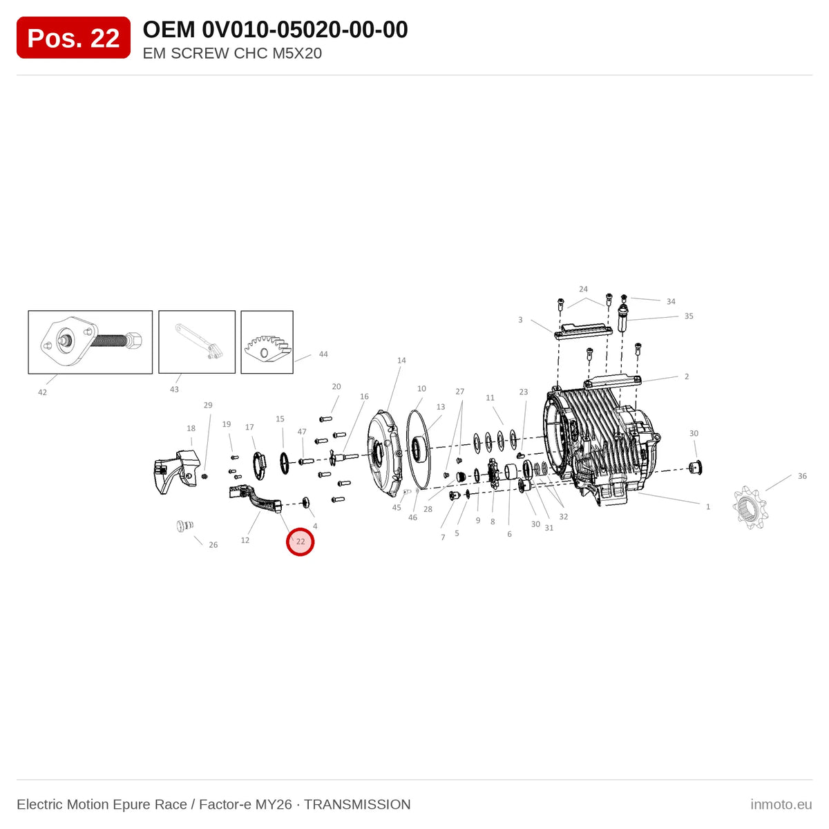 EM SCREW CHC M5X20 – Electric Motion Epure Race / Factor-e MY26 exploded view, transmission, pos. 22