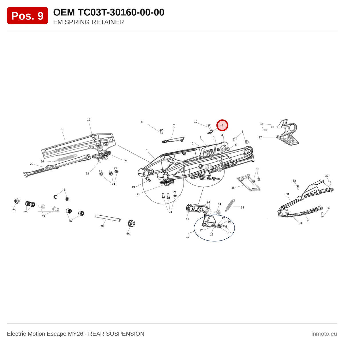 EM SPRING RETAINER – Electric Motion Escape MY26 exploded view, rear suspension, pos. 9