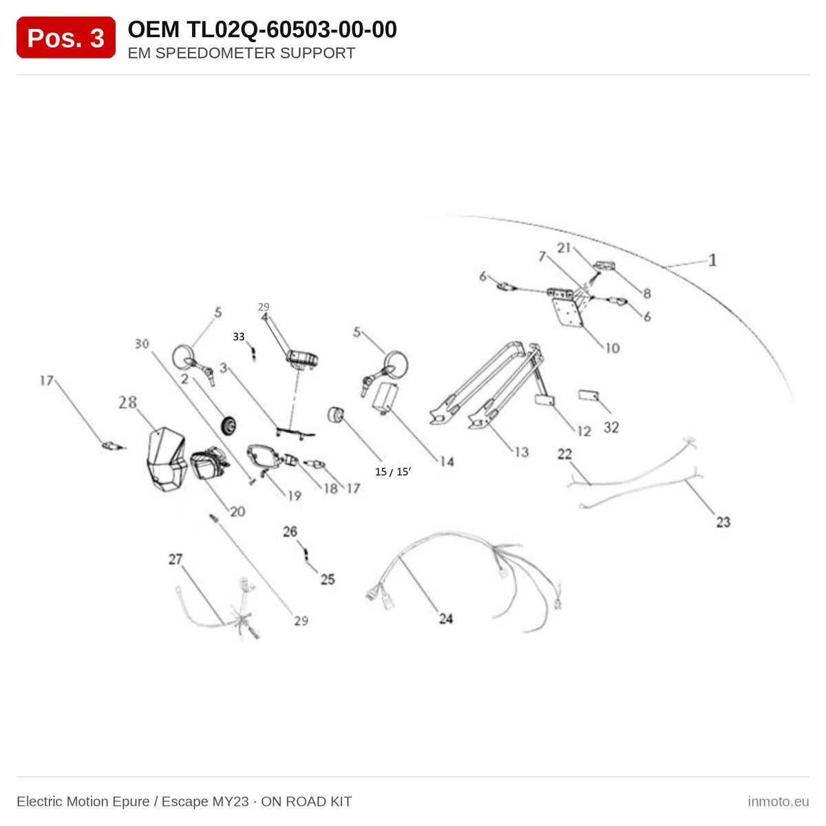 EM SPEEDOMETER SUPPORT – Electric Motion Epure / Escape MY23 exploded view, on road kit, pos. 3