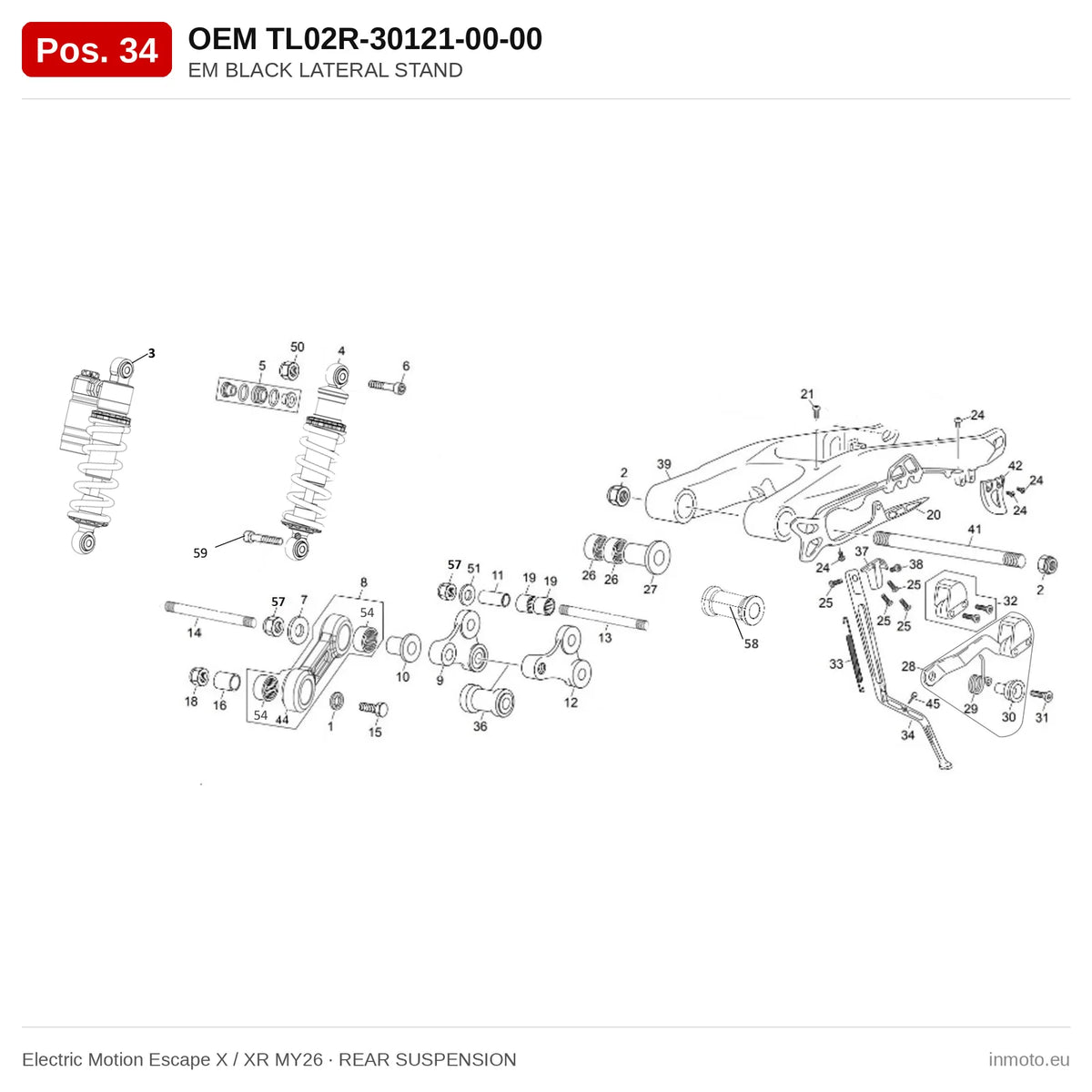 EM BLACK LATERAL STAND – Electric Motion Escape X / XR MY26 exploded view, rear suspension, pos. 34