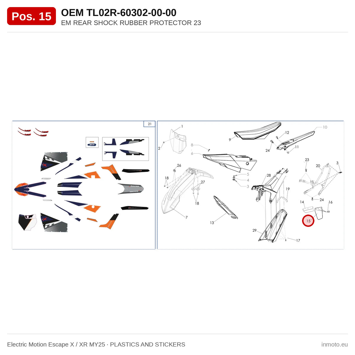EM REAR SHOCK RUBBER PROTECTOR 23 – Electric Motion Escape X / XR MY25 exploded view, plastics and stickers, pos. 15