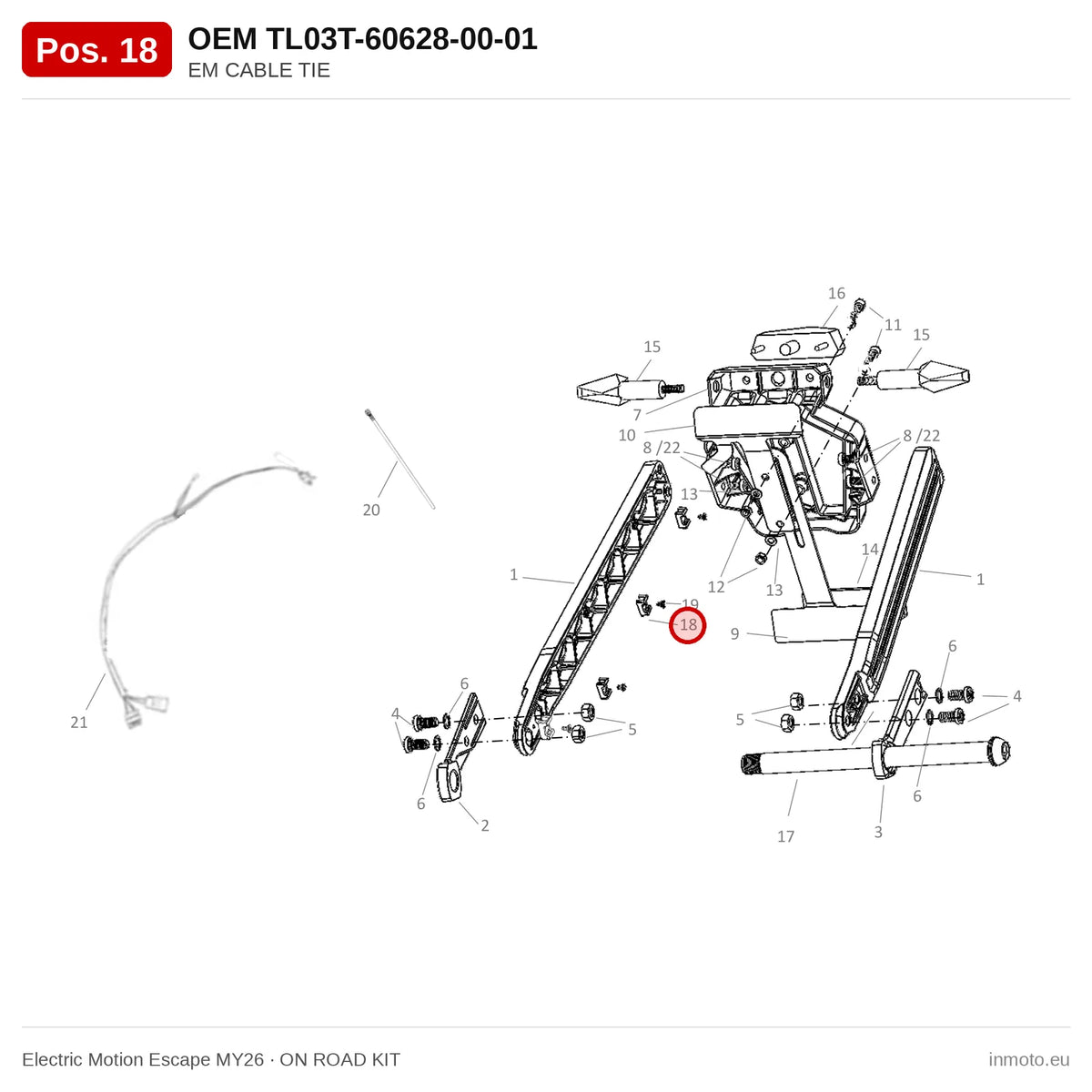 EM CABLE TIE – Electric Motion Escape MY26 exploded view, on road kit, pos. 18