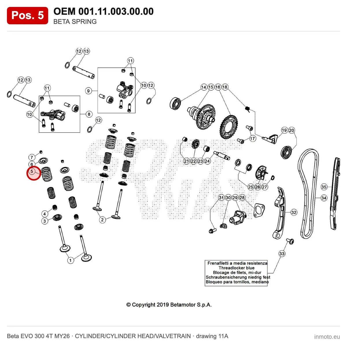 BETA SPRING – OEM 001.11.003.00.00, position 5 on the Beta EVO 300 4T MY26 cylinder/cylinder head/valvetrain drawing