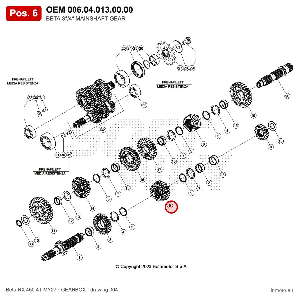 BETA 3°/4° MAINSHAFT GEAR – OEM 006.04.013.00.00, position 6 on the Beta RX 450 4T MY27 gearbox drawing