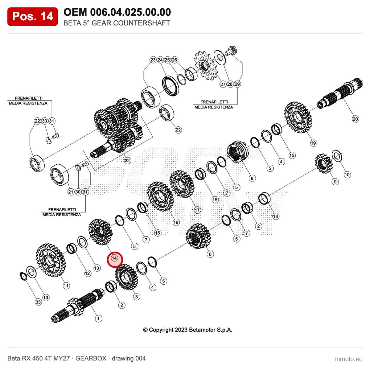 BETA 5° GEAR COUNTERSHAFT – OEM 006.04.025.00.00, position 14 on the Beta RX 450 4T MY27 gearbox drawing
