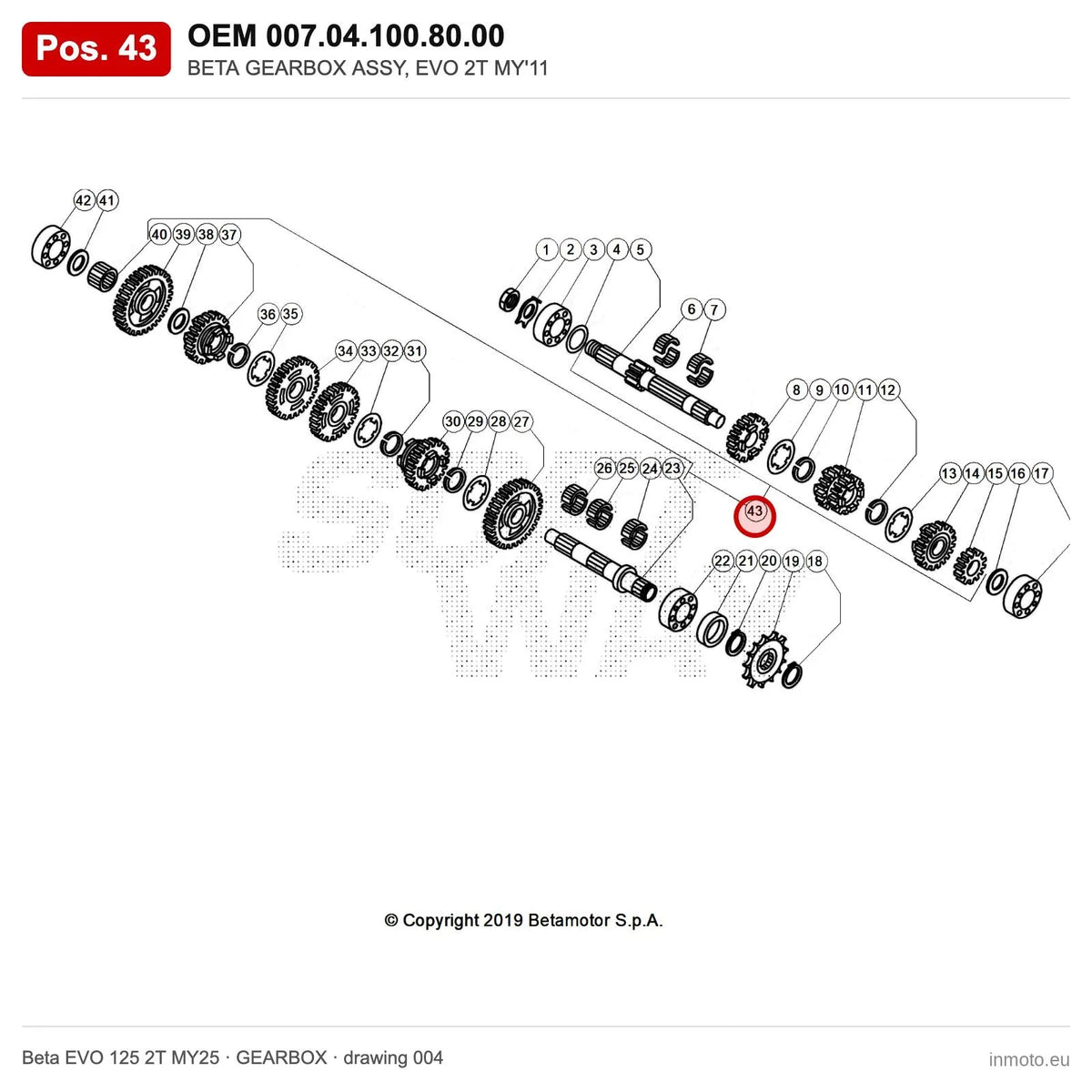 BETA GEARBOX ASSY, EVO 2T MY'11 – OEM 007.04.100.80.00, position 43 on the Beta EVO 125 2T MY25 gearbox drawing