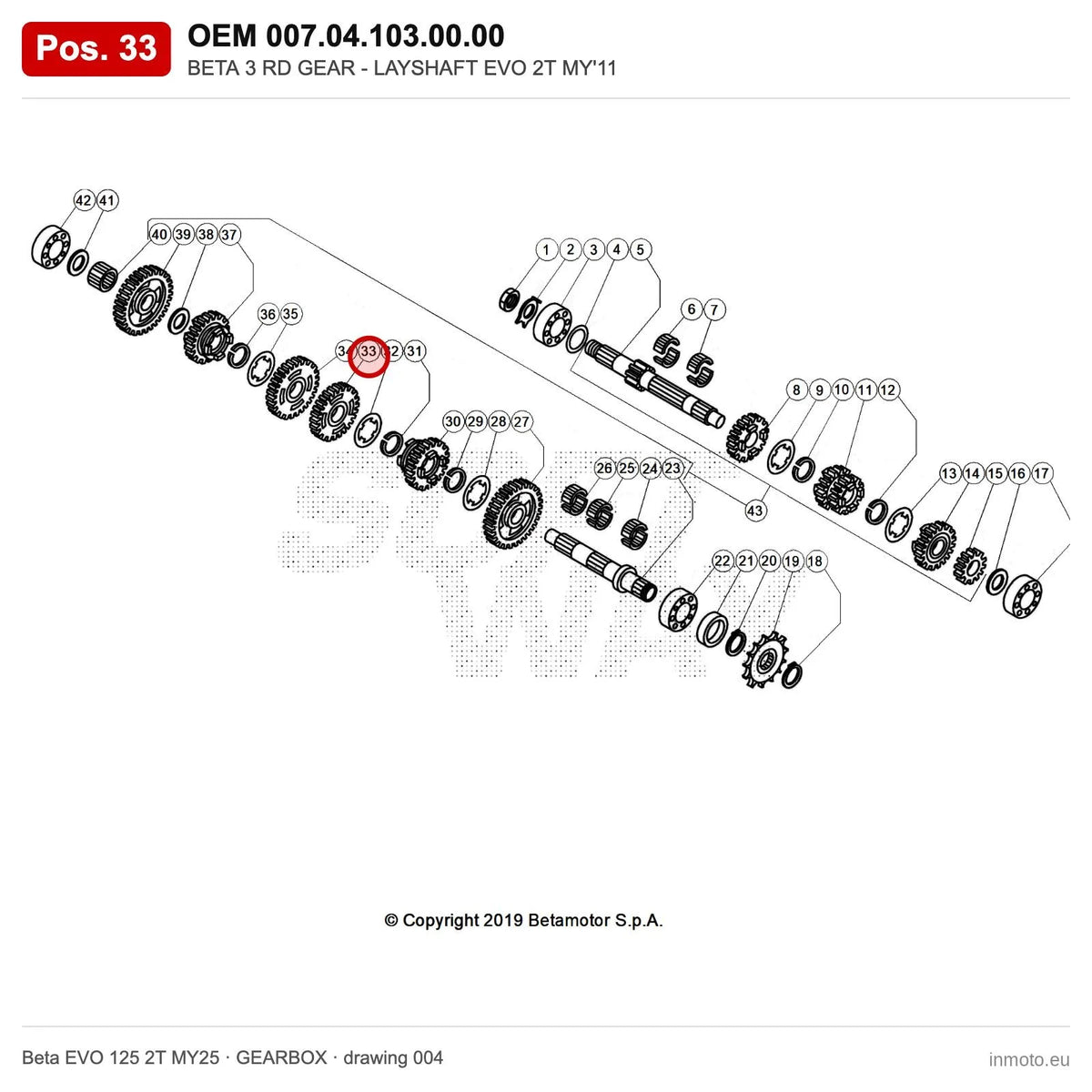 BETA 3 RD GEAR - LAYSHAFT EVO 2T MY'11 – OEM 007.04.103.00.00, position 33 on the Beta EVO 125 2T MY25 gearbox drawing