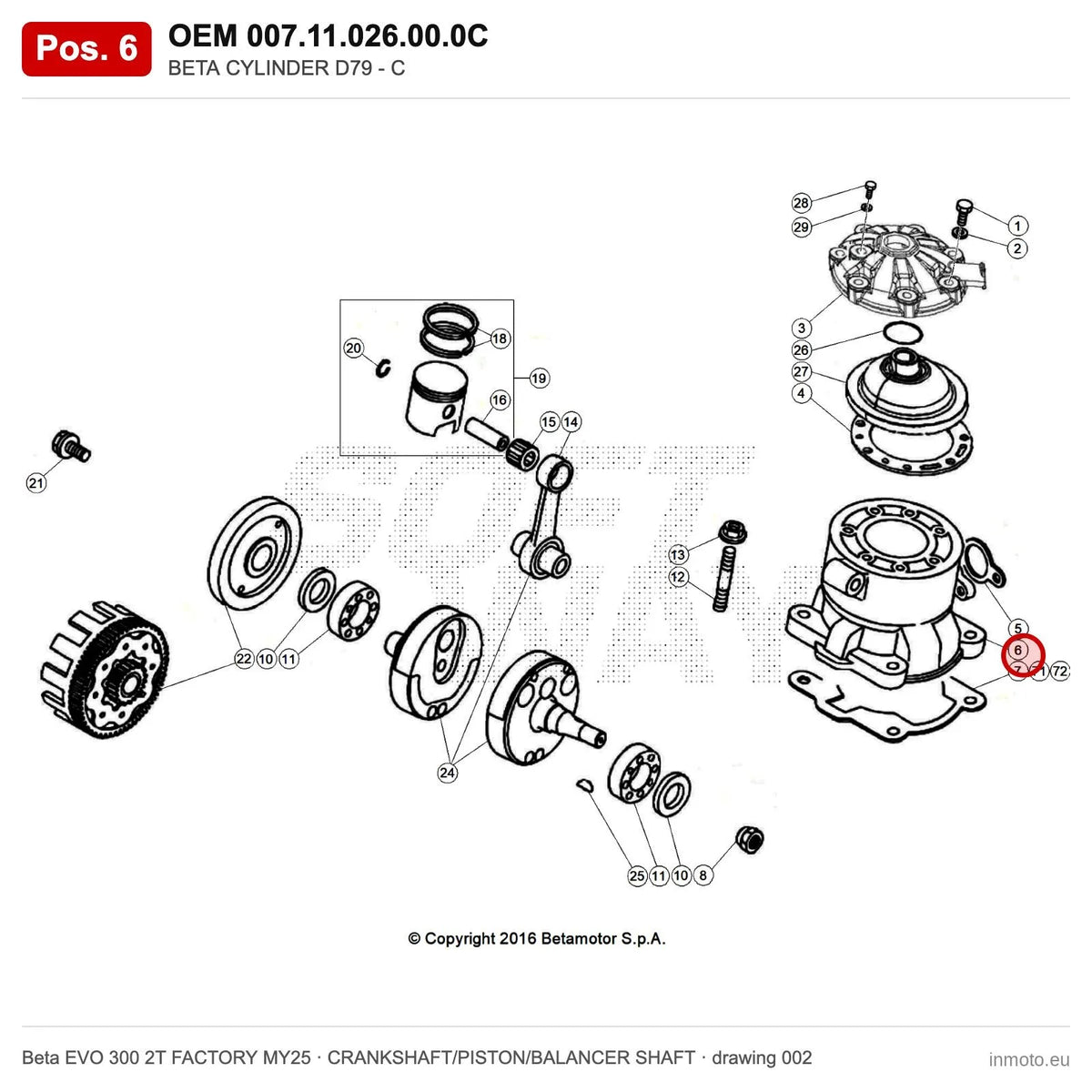 BETA CYLINDER D79 - C – OEM 007.11.026.00.0C, position 6 on the Beta EVO 300 2T FACTORY MY25 crankshaft/piston/balancer shaft drawing