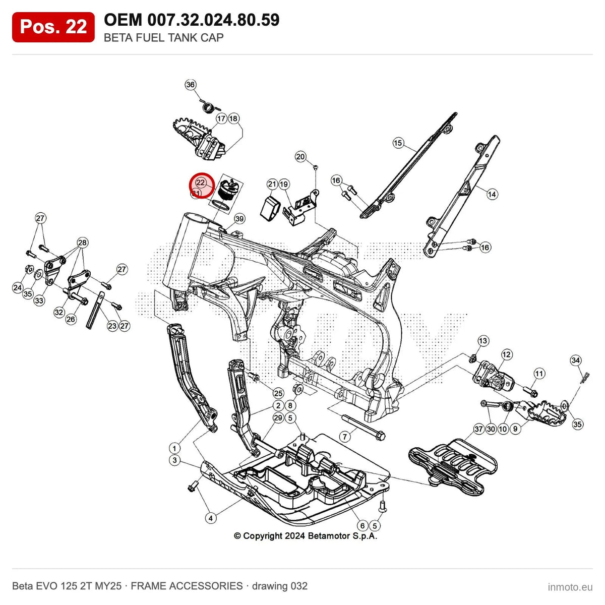 BETA FUEL TANK CAP – OEM 007.32.024.80.59, position 22 on the Beta EVO 125 2T MY25 frame accessories drawing