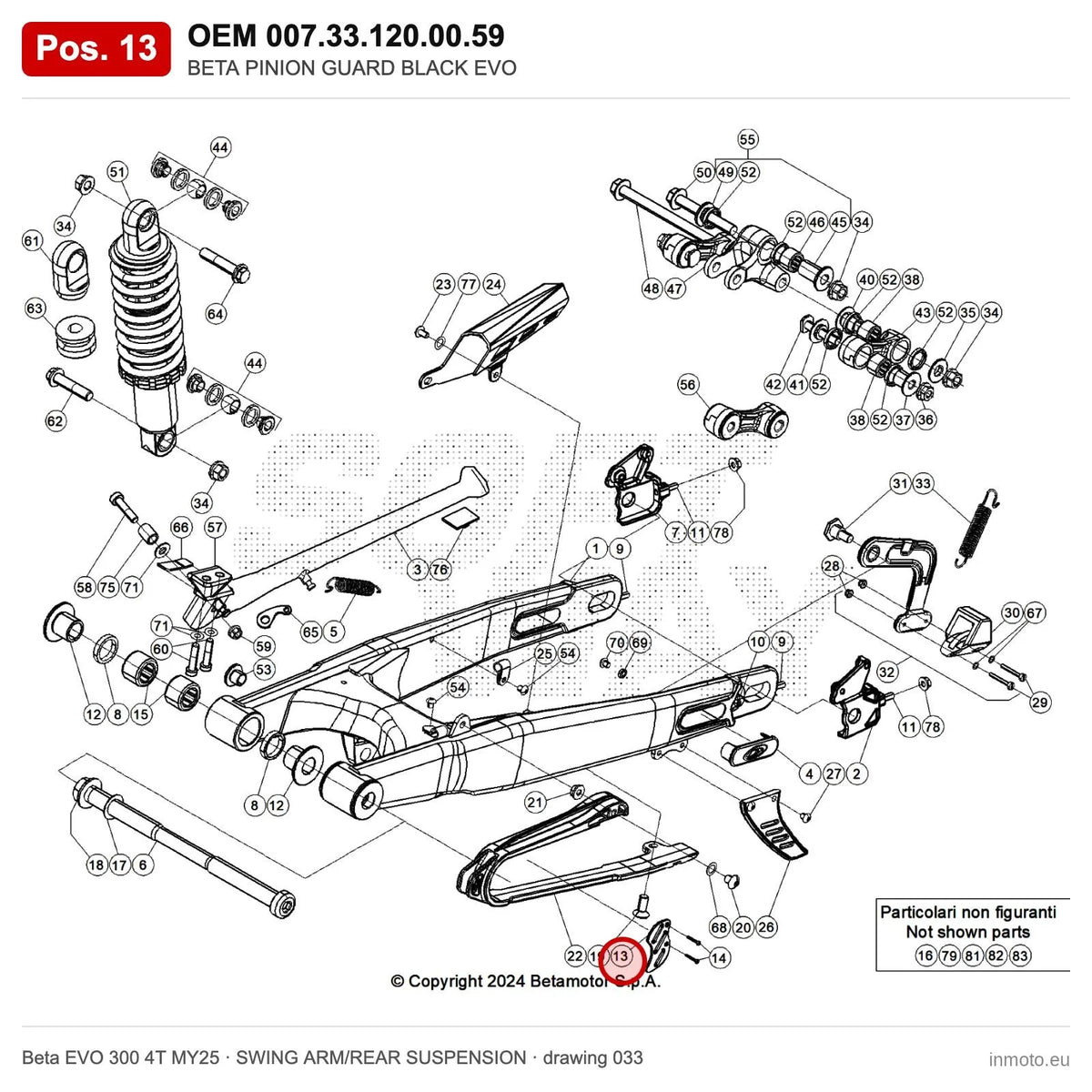 BETA PINION GUARD BLACK EVO – OEM 007.33.120.00.59, position 13 on the Beta EVO 300 4T MY25 swing arm/rear suspension drawing