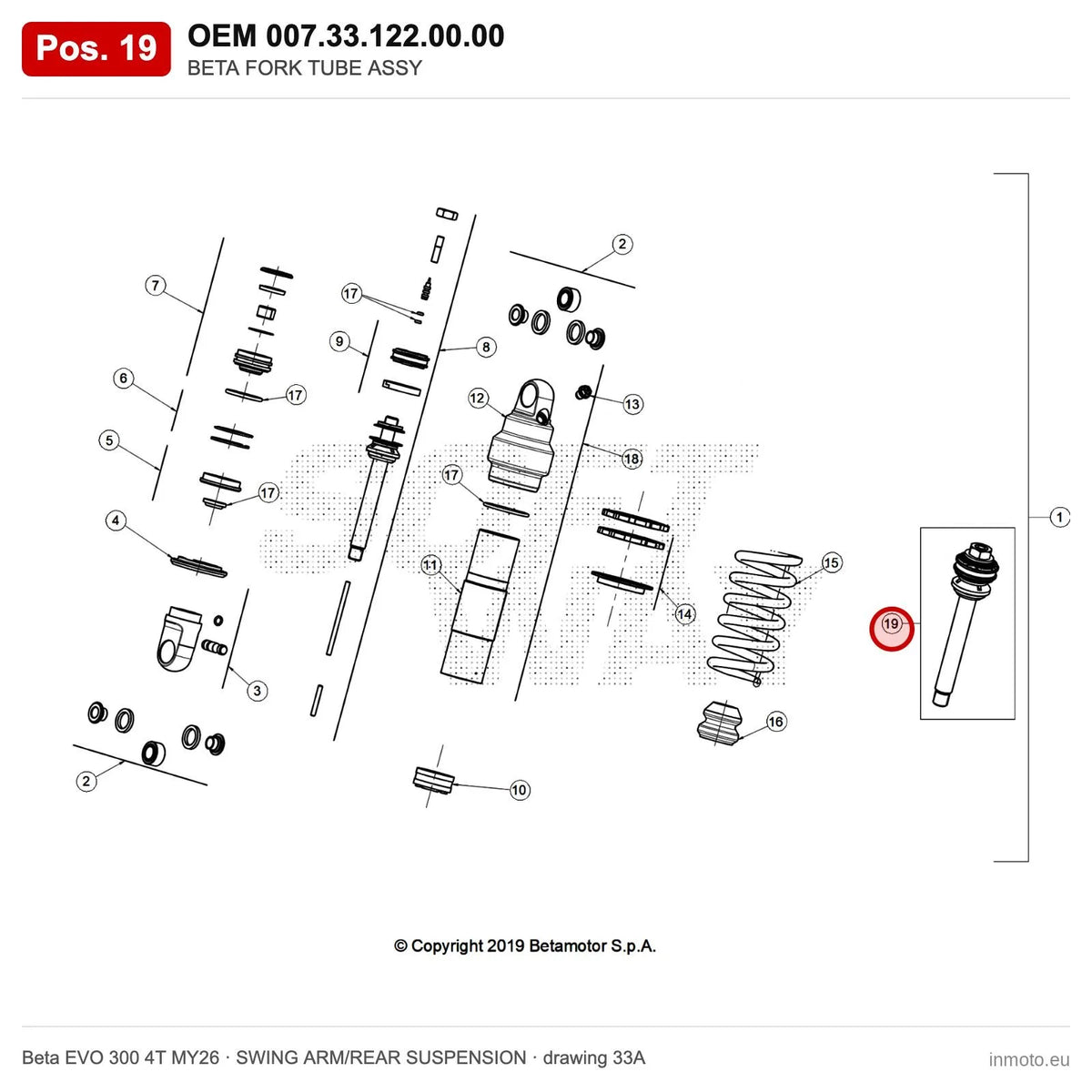 BETA FORK TUBE ASSY – OEM 007.33.122.00.00, position 19 on the Beta EVO 300 4T MY26 swing arm/rear suspension drawing
