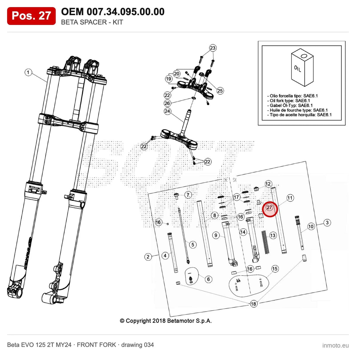BETA SPACER - KIT – OEM 007.34.095.00.00, position 27 on the Beta EVO 125 2T MY24 front fork drawing