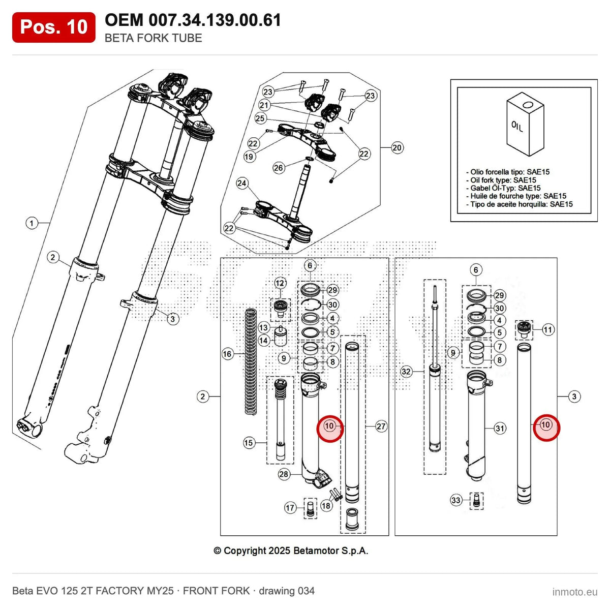 BETA FORK TUBE – OEM 007.34.139.00.61, position 10 on the Beta EVO 125 2T FACTORY MY25 front fork drawing