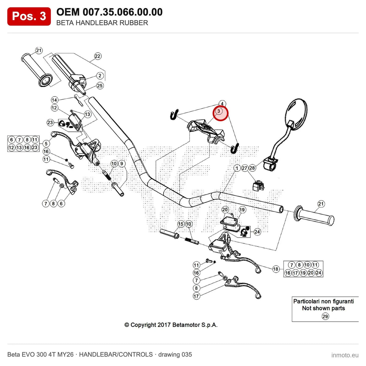 BETA HANDLEBAR RUBBER – OEM 007.35.066.00.00, position 3 on the Beta EVO 300 4T MY26 handlebar/controls drawing