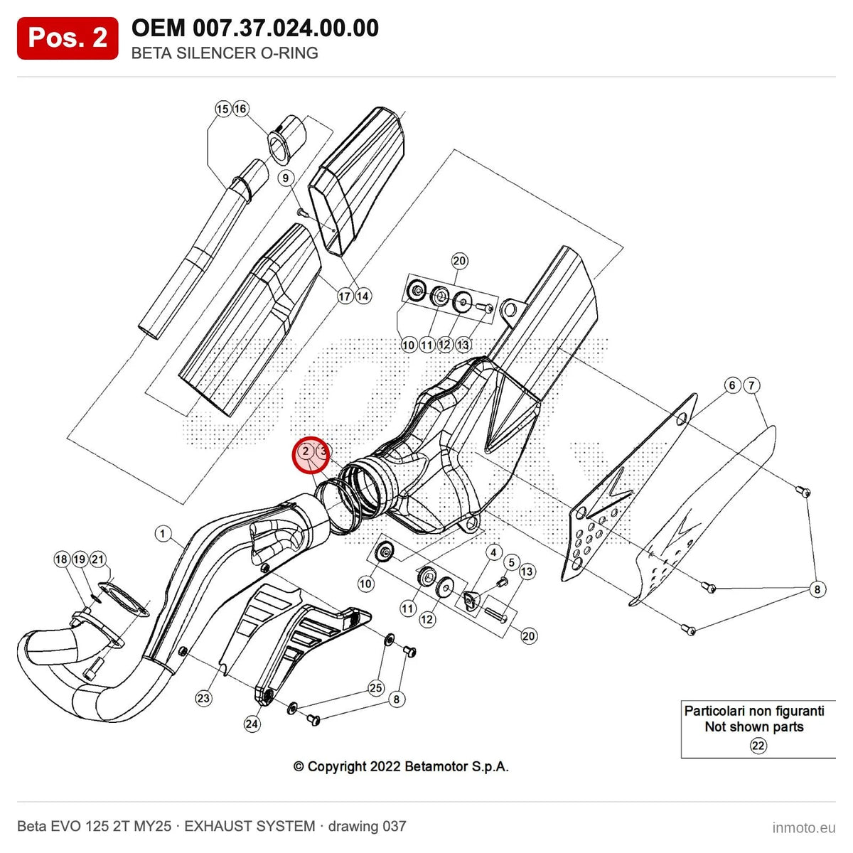 BETA SILENCER O-RING – OEM 007.37.024.00.00, position 2 on the Beta EVO 125 2T MY25 exhaust system drawing
