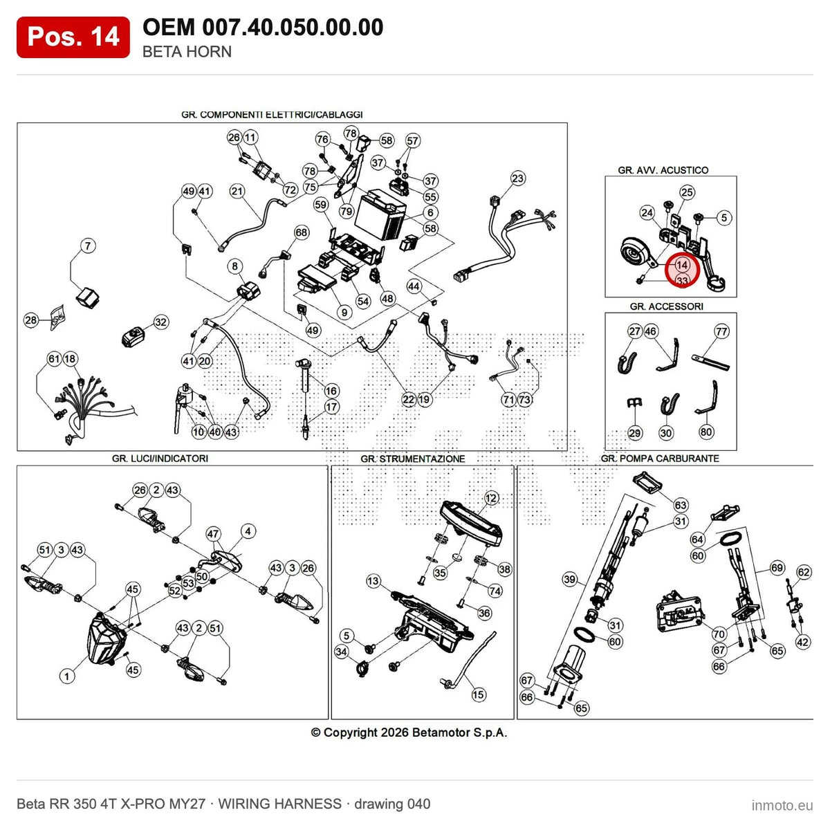 BETA HORN – OEM 007.40.050.00.00, position 14 on the Beta RR 350 4T X-PRO MY27 wiring harness drawing