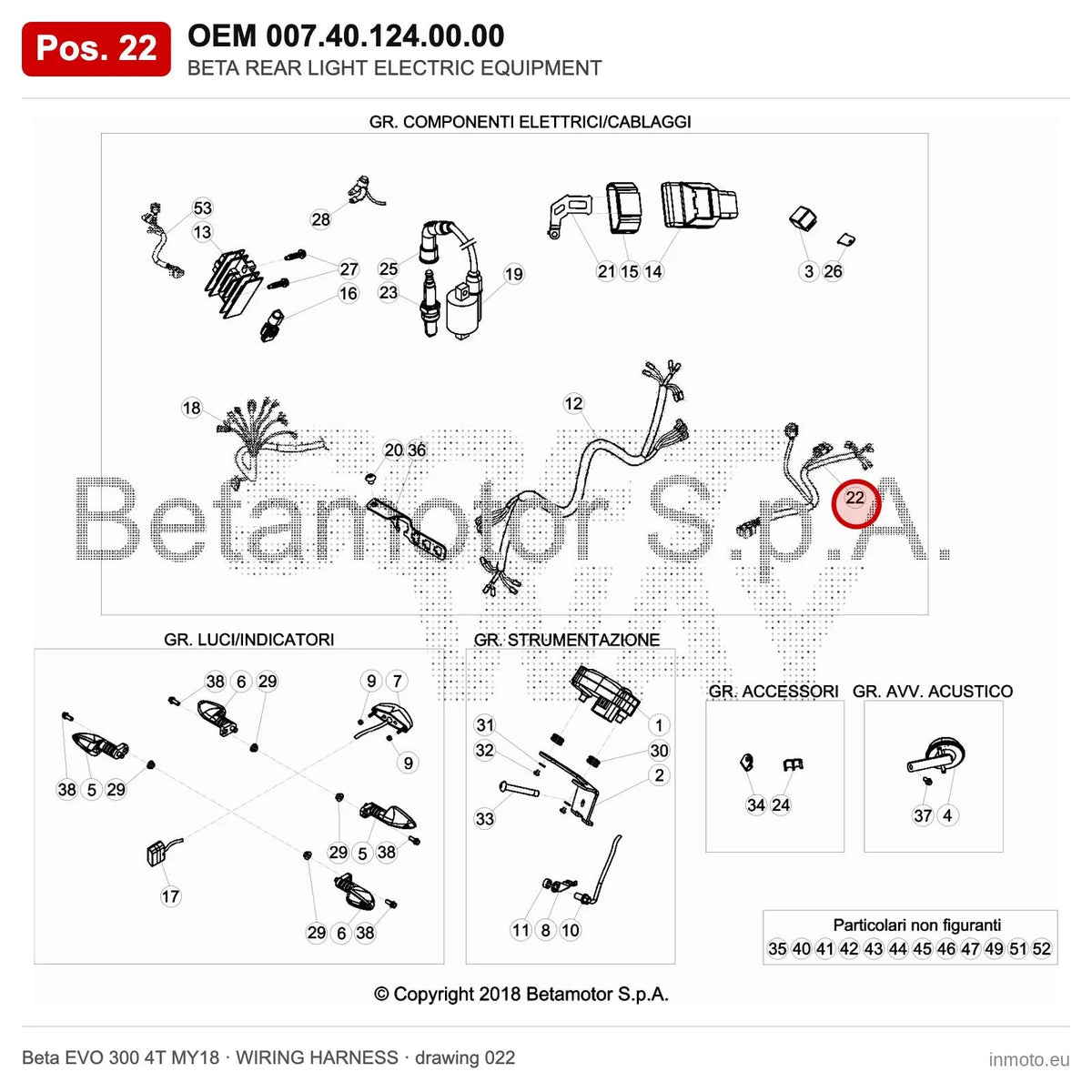 BETA REAR LIGHT ELECTRIC EQUIPMENT – OEM 007.40.124.00.00, position 22 on the Beta EVO 300 4T MY18 wiring harness drawing