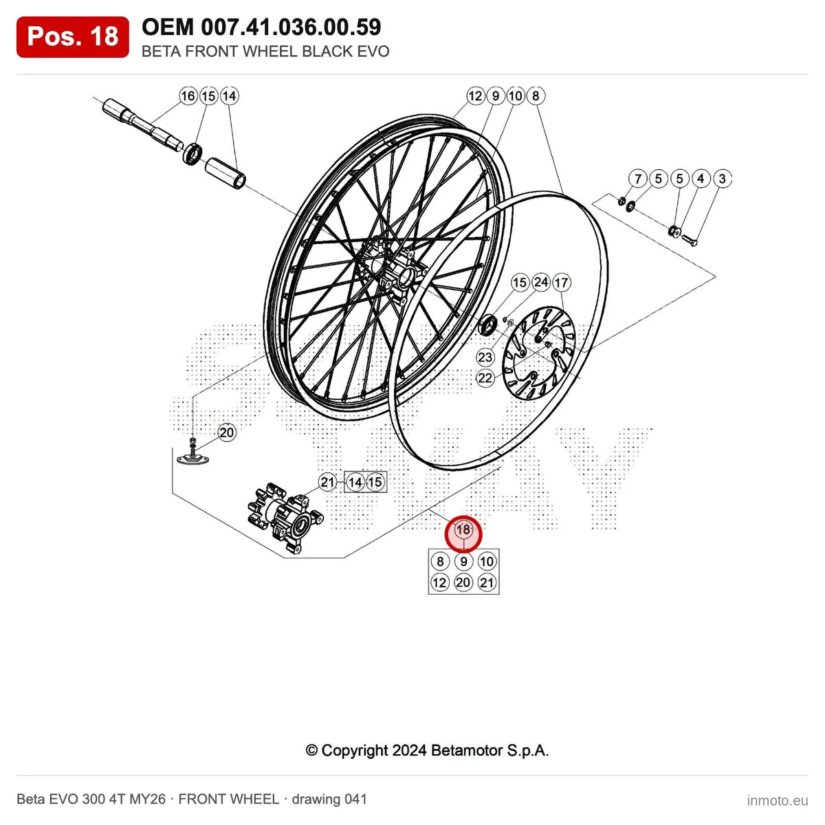 BETA FRONT WHEEL BLACK EVO – OEM 007.41.036.00.59, position 18 on the Beta EVO 300 4T MY26 front wheel drawing