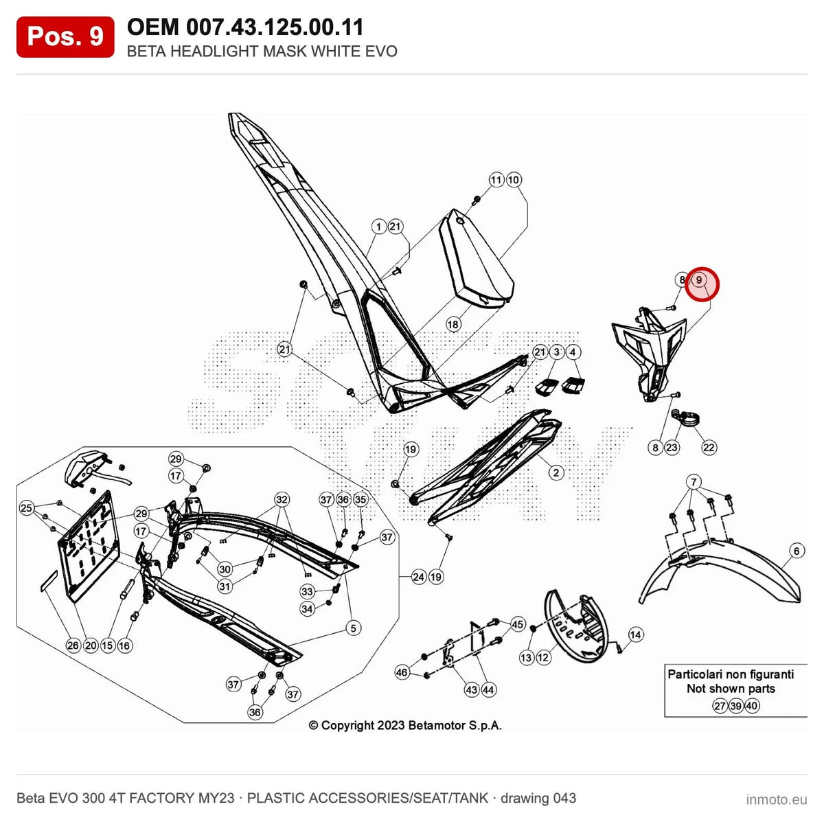 BETA HEADLIGHT MASK WHITE EVO – OEM 007.43.125.00.11, position 9 on the Beta EVO 300 4T FACTORY MY23 plastic accessories/seat/tank drawing
