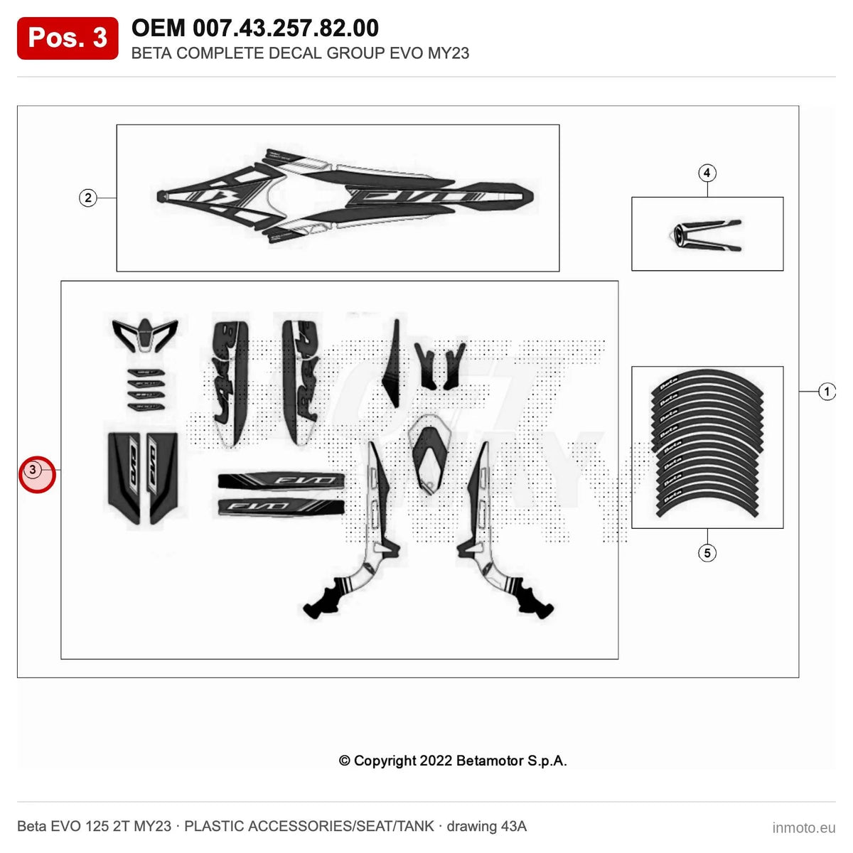 BETA COMPLETE DECAL GROUP EVO MY23 – OEM 007.43.257.82.00, position 3 on the Beta EVO 125 2T MY23 plastic accessories/seat/tank drawing