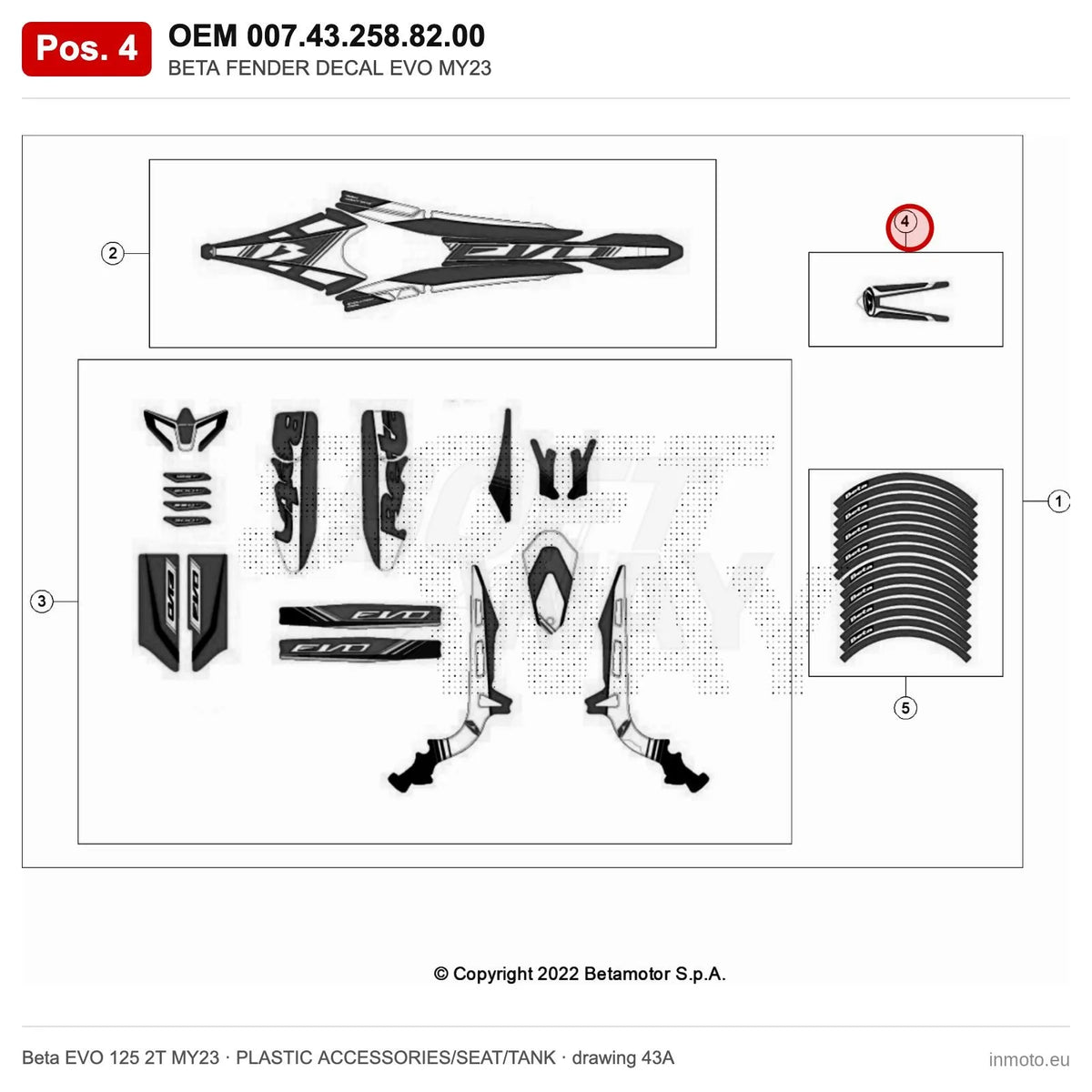 BETA FENDER DECAL EVO MY23 – OEM 007.43.258.82.00, position 4 on the Beta EVO 125 2T MY23 plastic accessories/seat/tank drawing