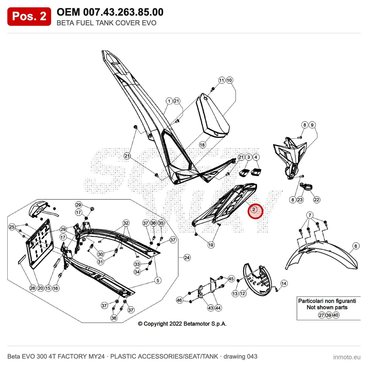 BETA FUEL TANK COVER EVO – OEM 007.43.263.85.00, position 2 on the Beta EVO 300 4T FACTORY MY24 plastic accessories/seat/tank drawing