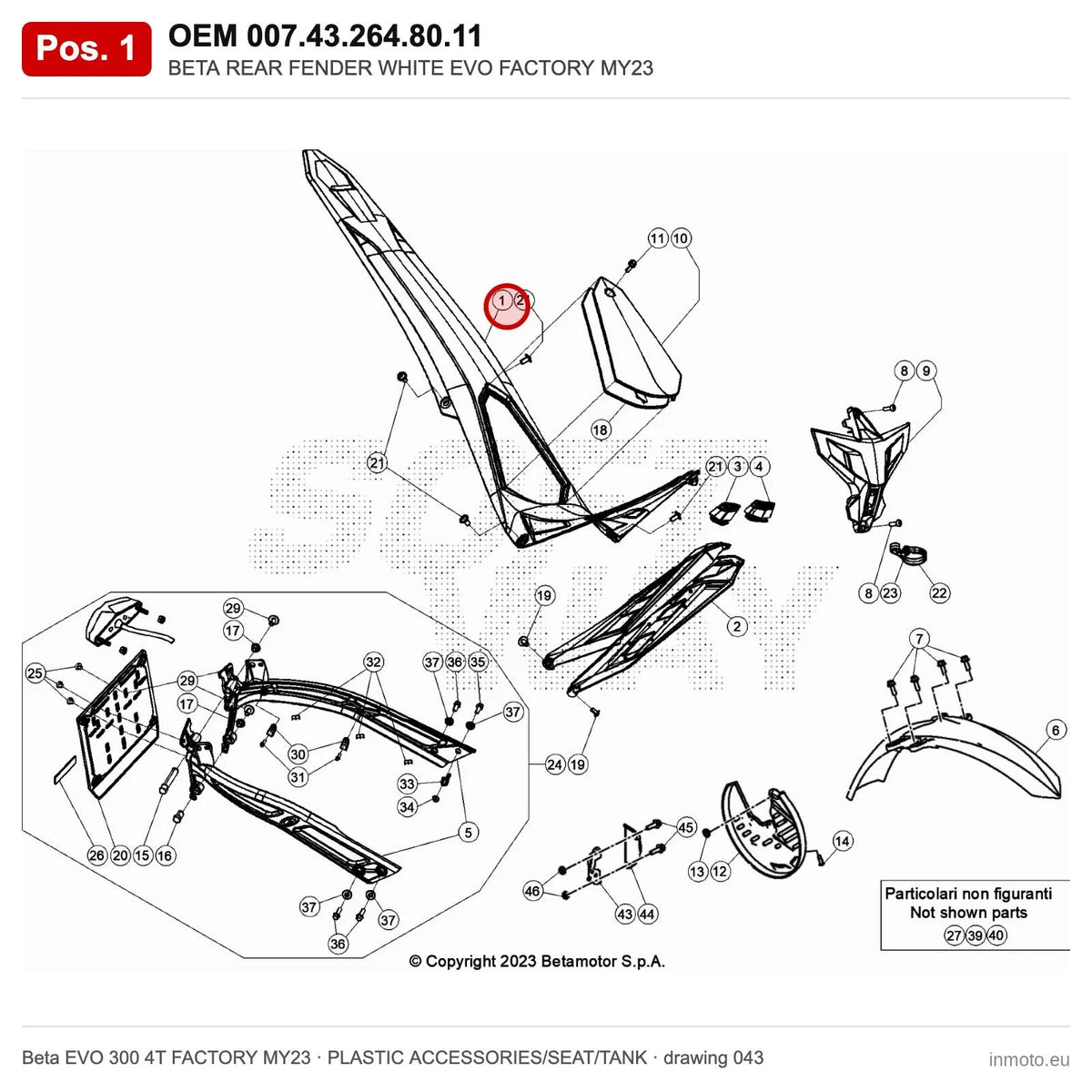 BETA REAR FENDER WHITE EVO FACTORY MY23 – OEM 007.43.264.80.11, position 1 on the Beta EVO 300 4T FACTORY MY23 plastic accessories/seat/tank drawing