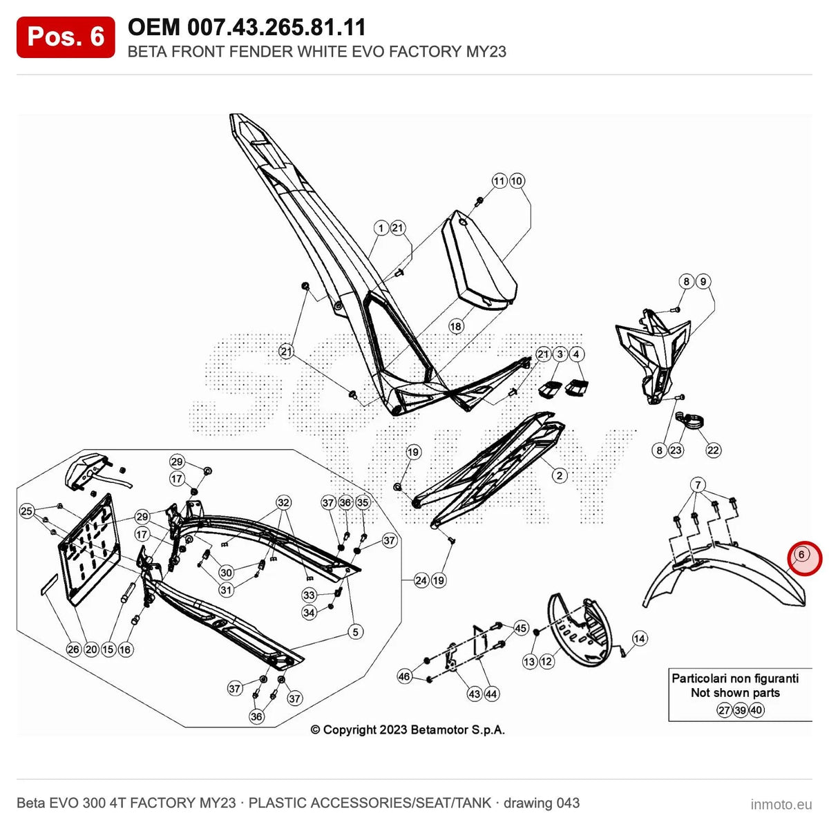 BETA FRONT FENDER WHITE EVO FACTORY MY23 – OEM 007.43.265.81.11, position 6 on the Beta EVO 300 4T FACTORY MY23 plastic accessories/seat/tank drawing