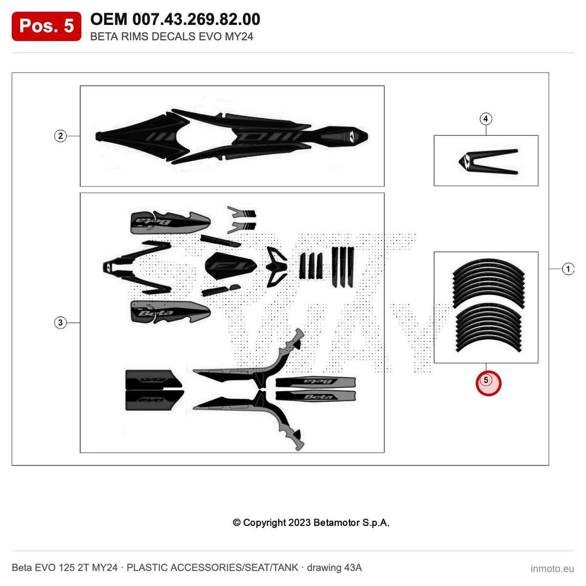 BETA RIMS DECALS EVO MY24 – OEM 007.43.269.82.00, position 5 on the Beta EVO 125 2T MY24 plastic accessories/seat/tank drawing