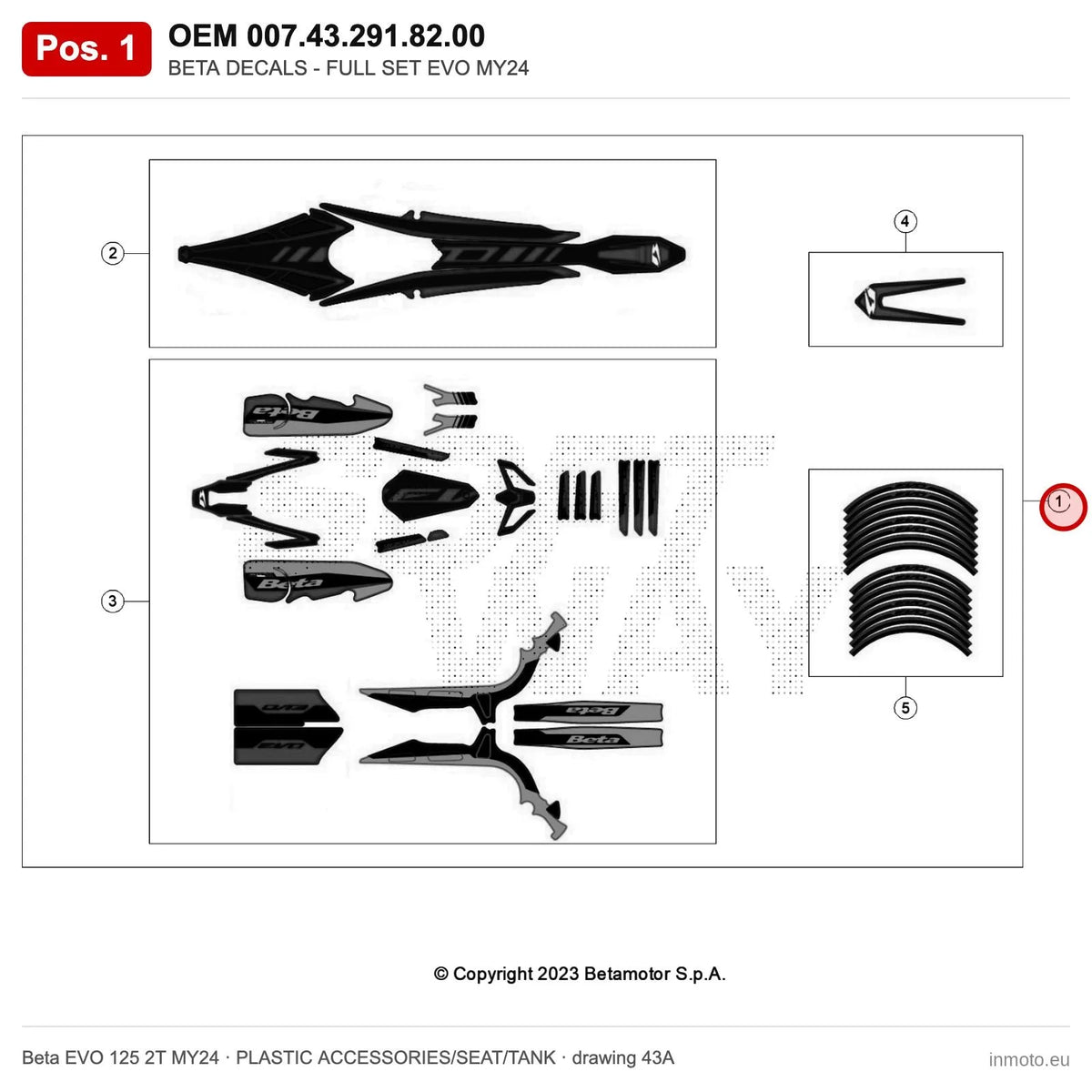 BETA DECALS - FULL SET EVO MY24 – OEM 007.43.291.82.00, position 1 on the Beta EVO 125 2T MY24 plastic accessories/seat/tank drawing