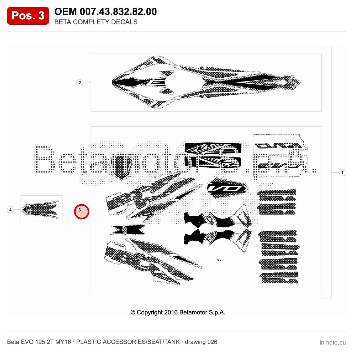 BETA COMPLETY DECALS – OEM 007.43.832.82.00, position 3 on the Beta EVO 125 2T MY16 plastic accessories/seat/tank drawing