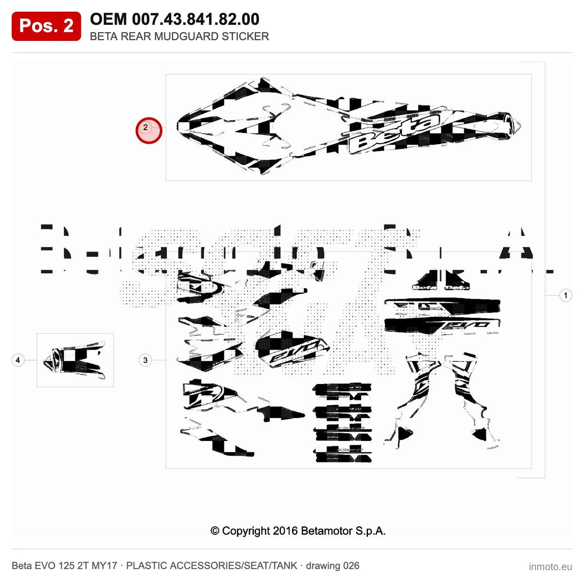 BETA REAR MUDGUARD STICKER – OEM 007.43.841.82.00, position 2 on the Beta EVO 125 2T MY17 plastic accessories/seat/tank drawing