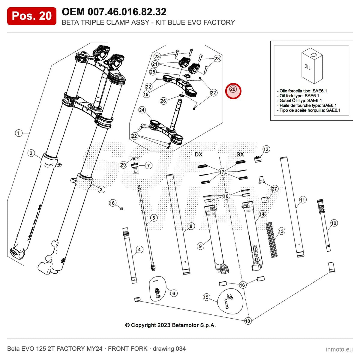 BETA TRIPLE CLAMP ASSY - KIT BLUE EVO FACTORY – OEM 007.46.016.82.32, position 20 on the Beta EVO 125 2T FACTORY MY24 front fork drawing