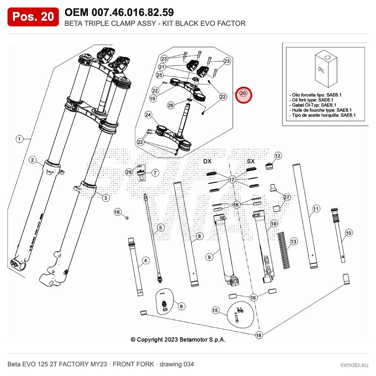 BETA TRIPLE CLAMP ASSY - KIT BLACK EVO FACTOR – OEM 007.46.016.82.59, position 20 on the Beta EVO 125 2T FACTORY MY23 front fork drawing