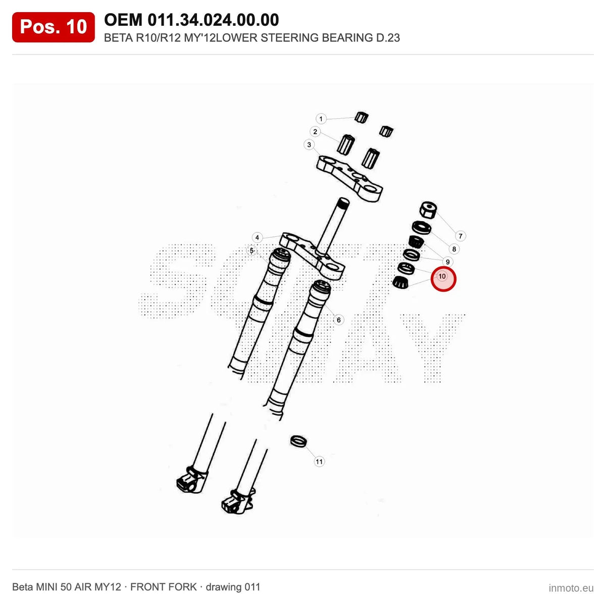 BETA R10/R12 MY'12LOWER STEERING BEARING D.23 – OEM 011.34.024.00.00, position 10 on the Beta MINI 50 AIR MY12 front fork drawing