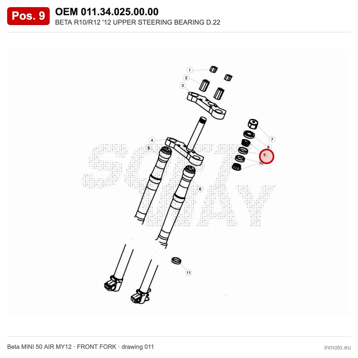 BETA R10/R12 '12 UPPER STEERING BEARING D.22 – OEM 011.34.025.00.00, position 9 on the Beta MINI 50 AIR MY12 front fork drawing