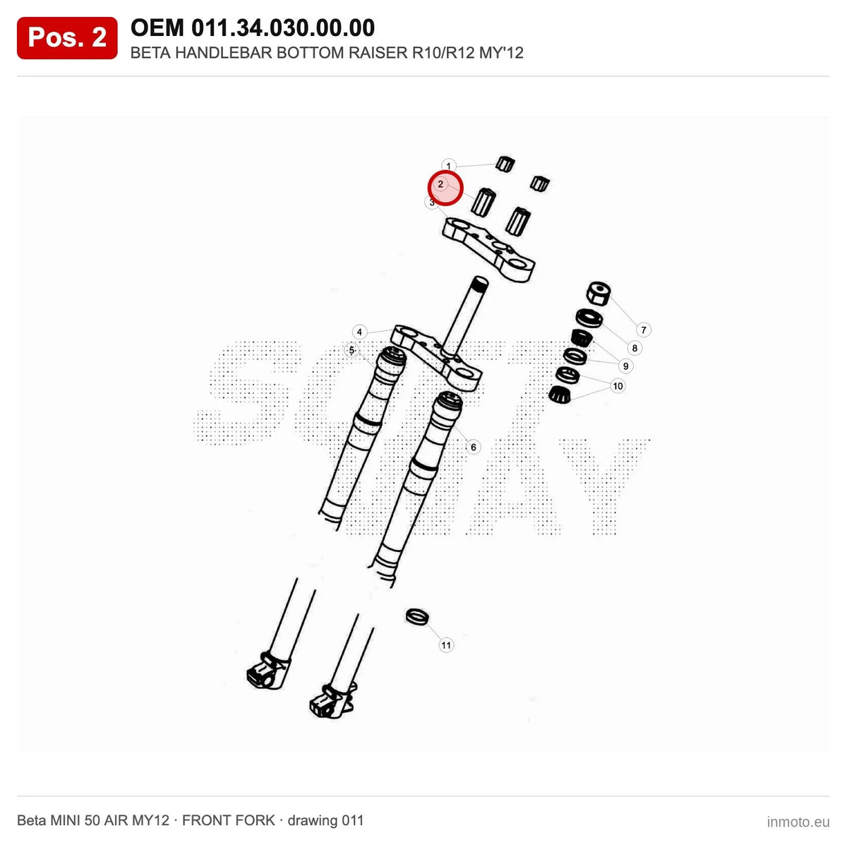 BETA HANDLEBAR BOTTOM RAISER R10/R12 MY'12 – OEM 011.34.030.00.00, position 2 on the Beta MINI 50 AIR MY12 front fork drawing