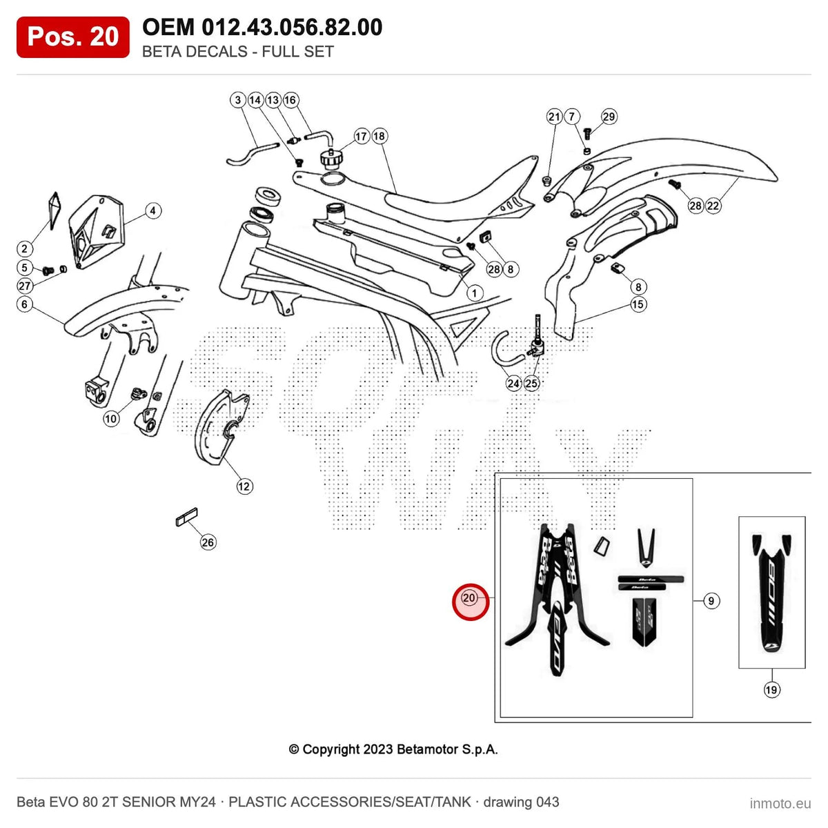 BETA DECALS - FULL SET EVO 2T 80 MY24 – OEM 012.43.056.82.00, position 20 on the Beta EVO 80 2T SENIOR MY24 plastic accessories/seat/tank drawing