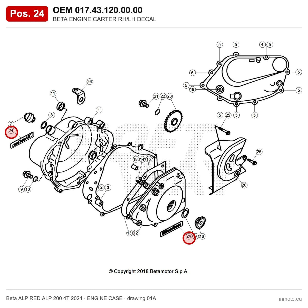 BETA ENGINE CARTER RH/LH DECAL – OEM 017.43.120.00.00, position 24 on the Beta ALP RED ALP 200 4T 2024 engine case drawing