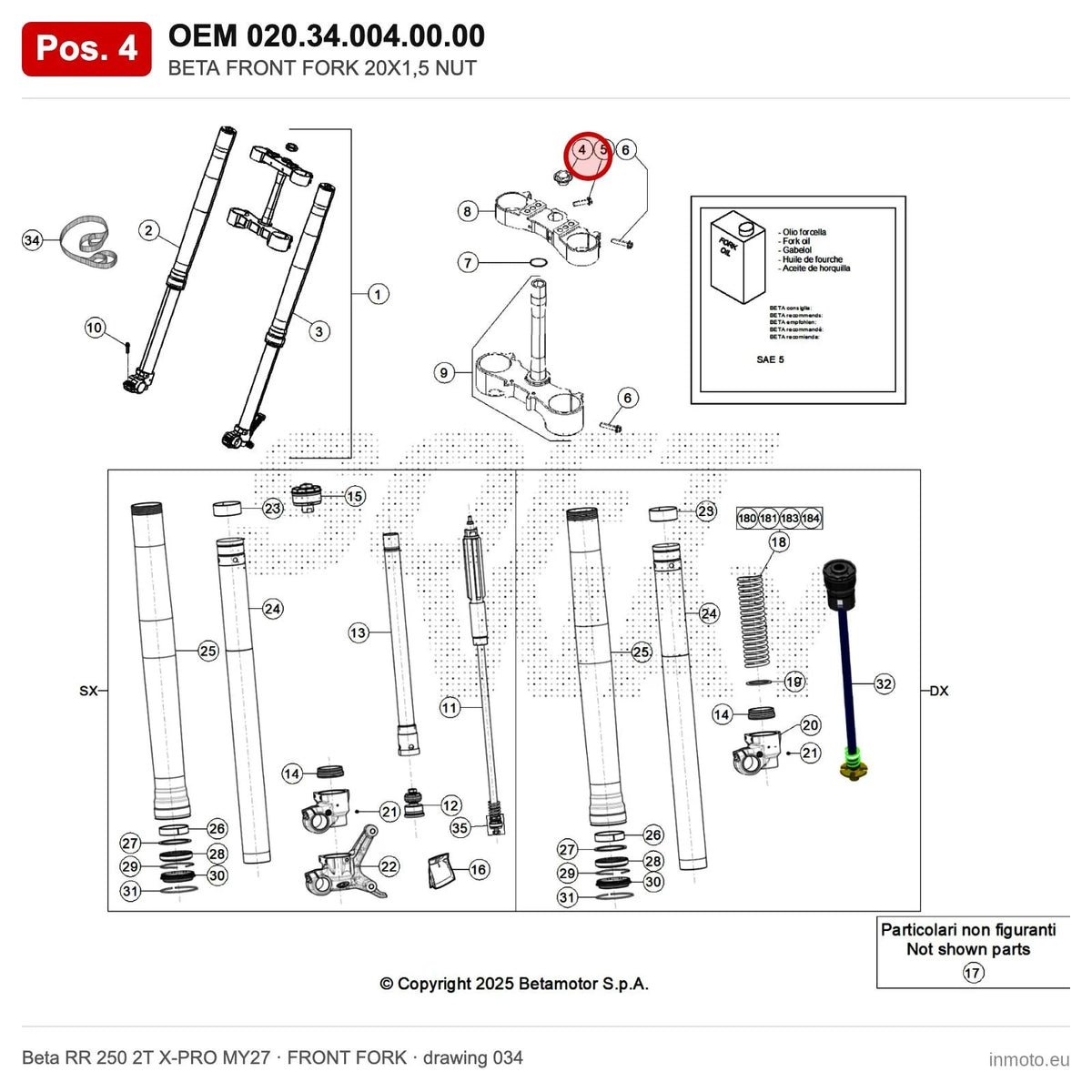 BETA FRONT FORK 20X1,5 NUT – OEM 020.34.004.00.00, position 4 on the Beta RR 250 2T X-PRO MY27 front fork drawing