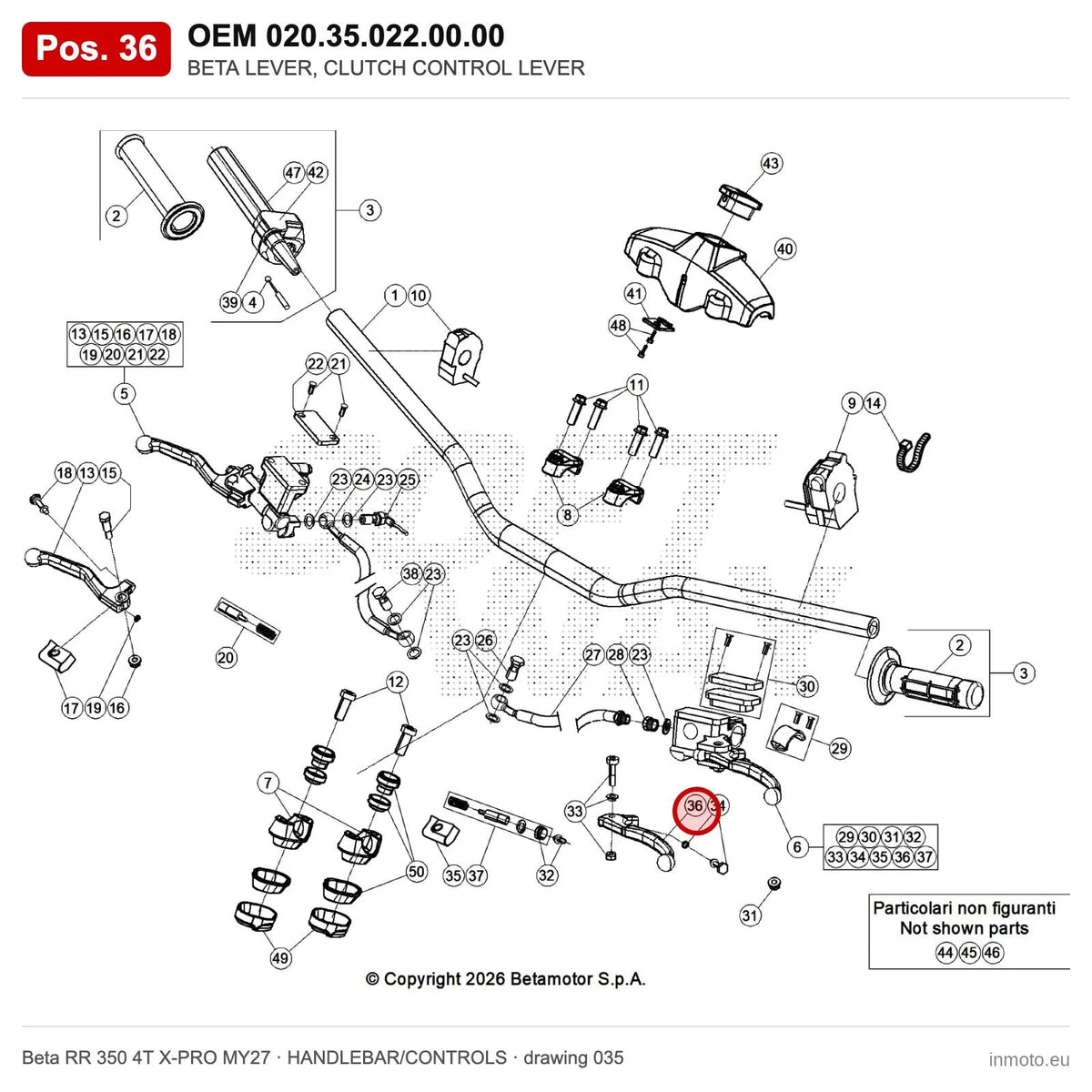 BETA LEVER, CLUTCH CONTROL LEVER – OEM 020.35.022.00.00, position 36 on the Beta RR 350 4T X-PRO MY27 handlebar/controls drawing